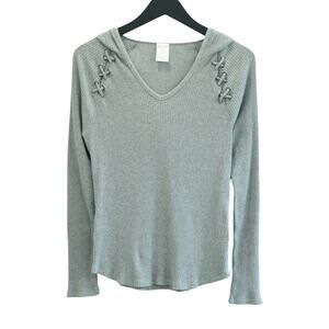 Gray Ribbed Hoodie Top Long Sleeve V Neck Lace Up Casual Pullover
